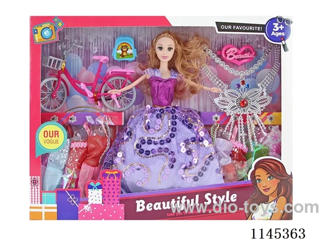 11.5’ 30cm 5 joints real body colour printing eyes dress barbie + clothes + bike + bag + accessories + necklace