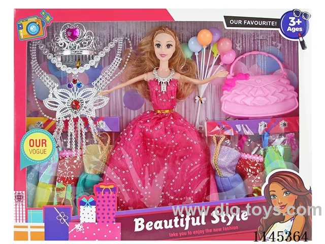 11.5 inch 30 cm 5 joints solid body colour printing eyes Dress Barbie + clothes + crown + bag + balloon + necklace