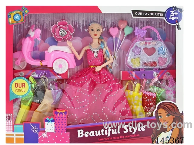 11.5’ 30cm 9 joints solid body colour print eyelet dress Barbie + motorbike + clothes + bag + balloons