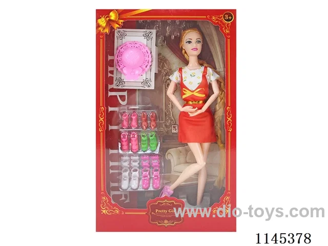 11.5’ 30cm 11 jointed solid colourful eye Barbie + shoe cabinet + hat