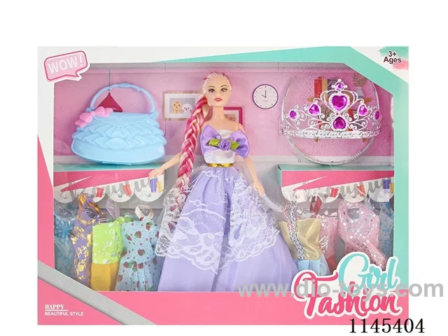 11.5’ 30cm 9 joints solid body colour print eye barbie + dress + crown + bag