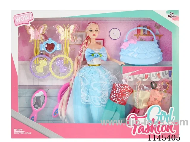 11.5’ 30cm 9 jointed solid body colour print eye barbie + clothes + accessories + comb mirror + bag