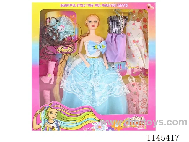 11.5’ 30cm 9 jointed solid colour print eye barbie + dress + shoes + hair accessories
