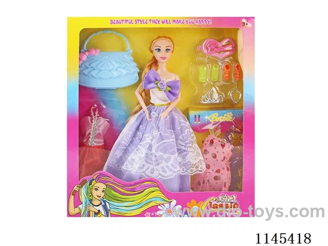 11.5’ 30cm 9 jointed solid body colour print eye barbie + clothes + accessories + bag