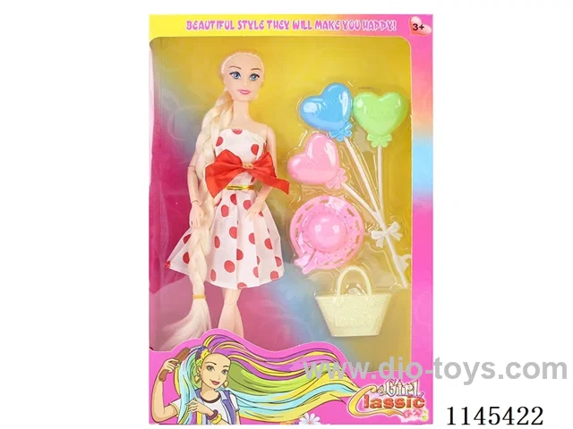 11.5’ 30cm 11 jointed solid body colour print eye barbie + balloon + hat + bag