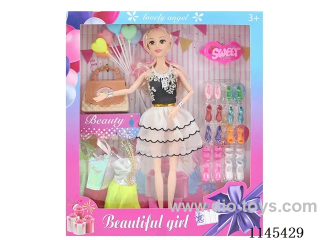 11.5’ 30cm 11 joints solid colour eye Barbie + dress + shoebox + bag + balloons + accessories