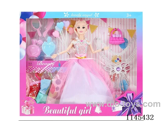 11.5’ 30cm 9 jointed solid body colour print eye Barbie + clothes + bag + necklace + balloon + accessories