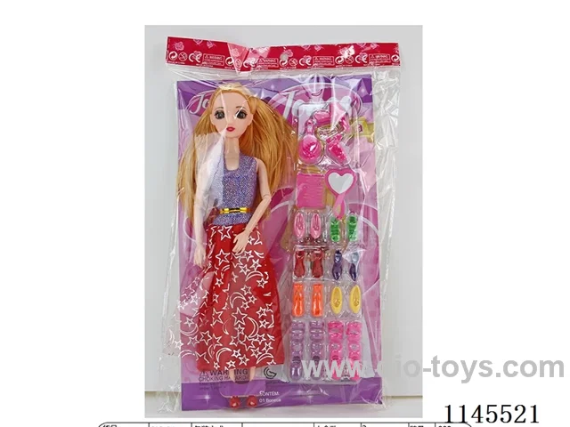 11.5’ 30cm 9 joints solid body 3D real eye Barbie + shoe ladder + accessories (dress various multi-colour mix)