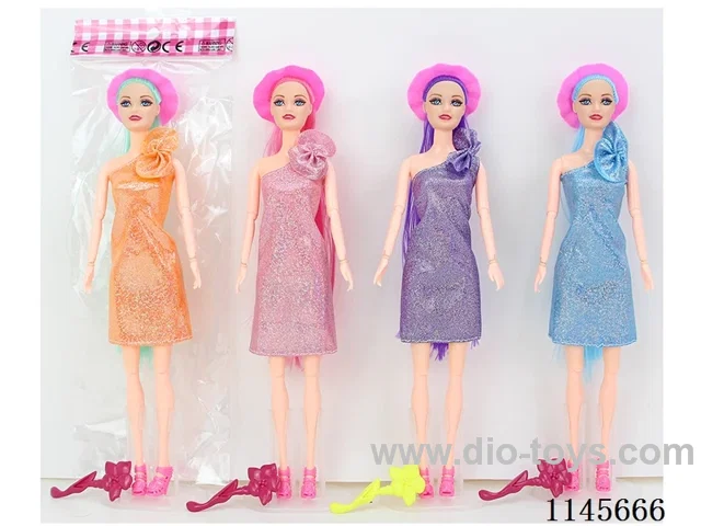 11.5’ 30cm 13 jointed solid colourful eye Barbie with hat and flower comb mix