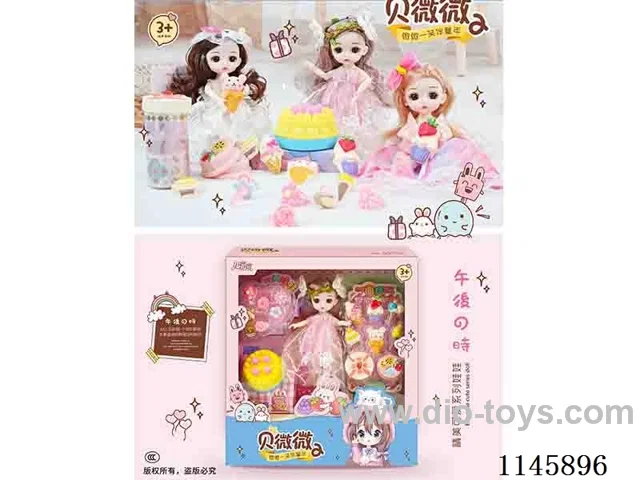 6’ 16cm 13 jointed solid doll + hair accessories + cake + flower ring + dessert ice cream assorted