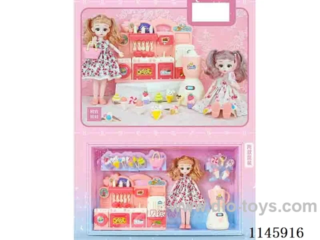12’ 30cm 21 jointed solid doll + kitchen + juicer + ice-cream + bag mix
