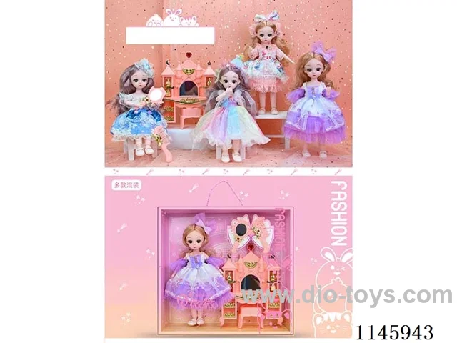 12’ 30cm 21 jointed solid doll with hair accessories + castle dresser + comb and mirror assorted