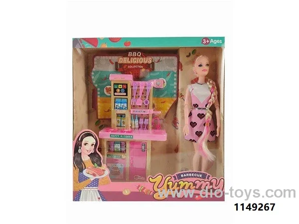 11 INCH SOLID BARBIE DOLL WITH KITCHEN IN WINDOW BOX