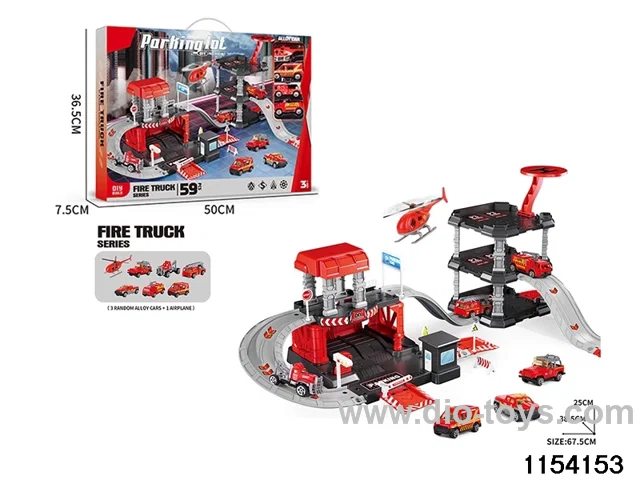 Fire track parking set plus 3-storey building (3 alloy cars + 1 aeroplane)
