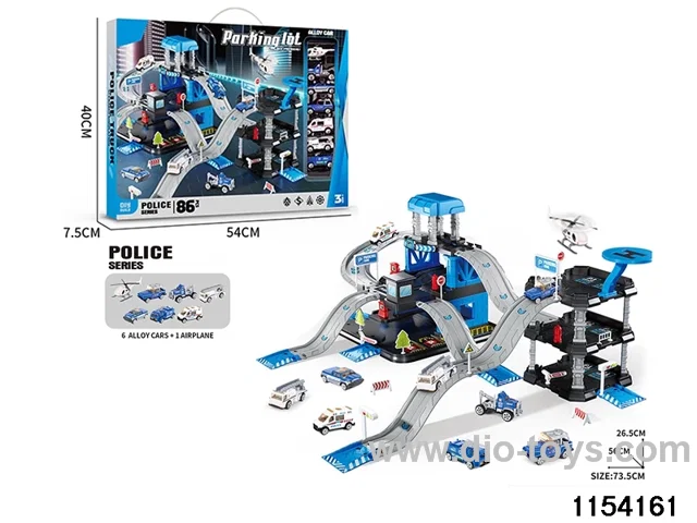 Police Station Track 3 Levels Car Park Plus 3 Levels Building Parking Set (6 Alloy Cars + 1 Airplane)