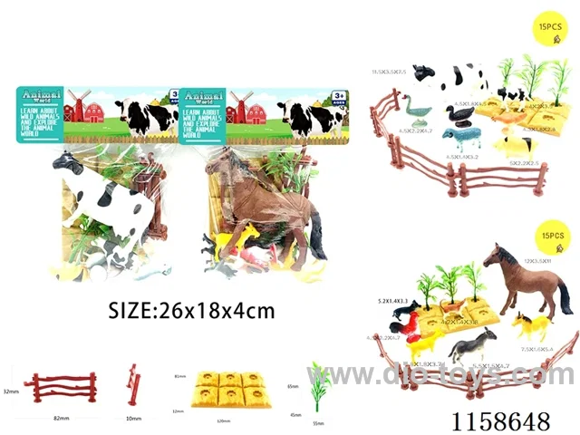 15PCS Farm Animals Set of 2 Mixed Cows + Horses)