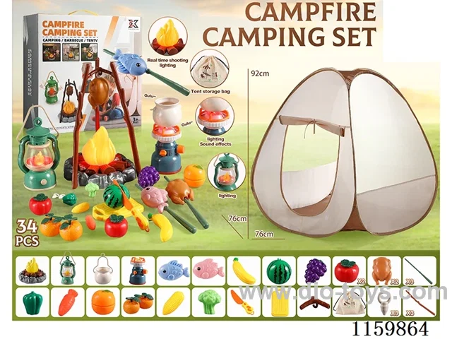 34PCS Outdoor Light and Sound Camping Set - Windproof Light 2AA, Gas Stove 2AA, Fire 3AA (not included battery)
