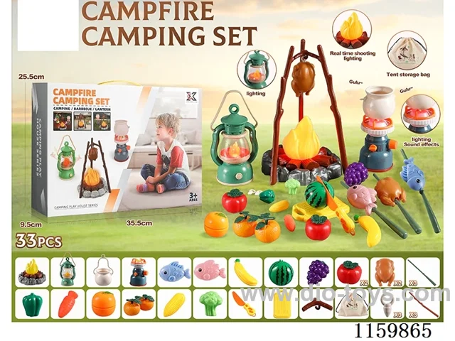 33PCS Outdoor Lights & Sounds Camping Set - Windproof Lamp 2AA, Gas Stove 2AA, Fire 3AA (not included battery)