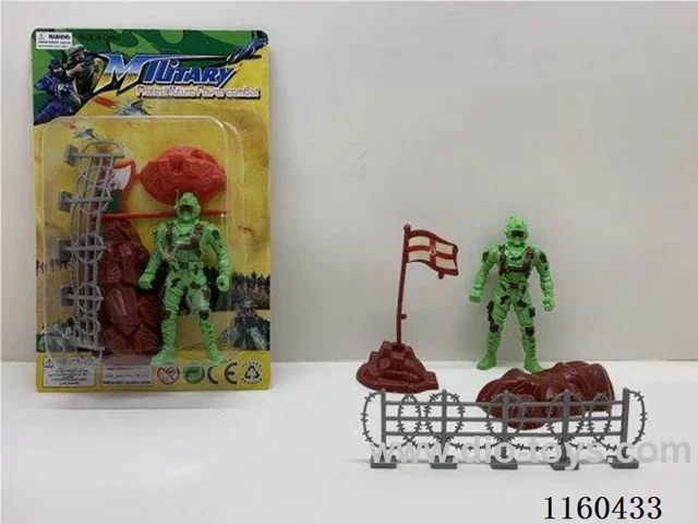 Military set (a 9.5cm high soldier, stone, flag. Military set (one 9.5cm high soldier, stone, flag, flag base, barbed wire) (simulates soldier combat military scenario)