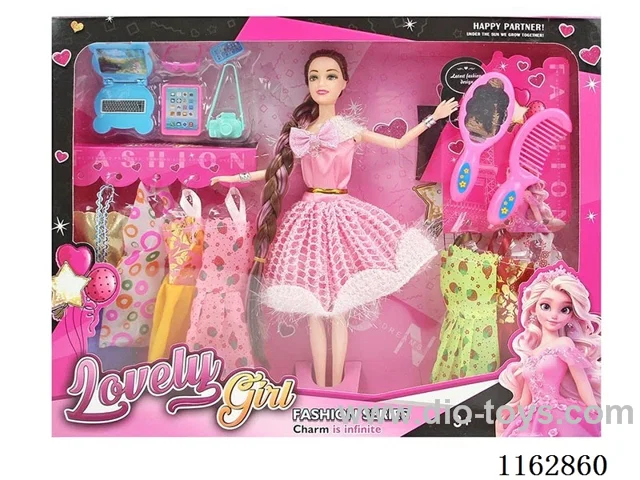 11.5 "30 cm 11 knuckle solid body color print eye long braid Barbie doll + clothes + mirror comb + blister accessories mixed