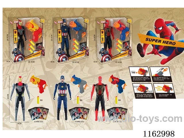 Avengers 4- Captain Iron Man Spider-Man 24cm Action Figure + Soft Gun + Card (3 mixed packs)