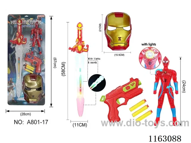 Avengers Spider-Man Iron Man Suit (Glitter Musical Sword + Spider-Man + Iron Man Mask +EVA Soft Bullet Gun)