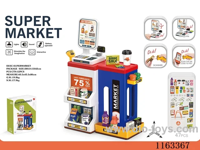 Luxury supermarket set + shopping bag + live scanner, cash register card reader (2*AAA+2*AA not included)