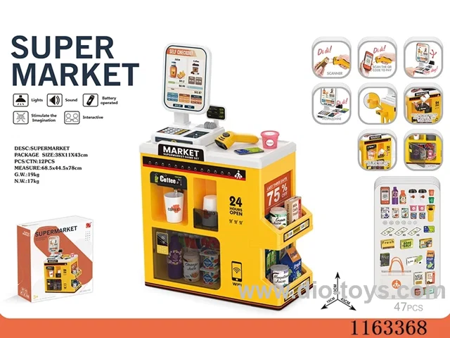 Luxury supermarket set + shopping bag + manual outlet + live scanner, cash register card reader (2*AAA+2*AA not included)