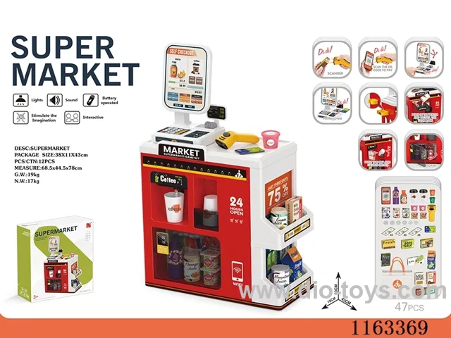Luxury supermarket set + shopping bag + manual outlet + live scanner, cash register card reader (2*AAA+2*AA not included)
