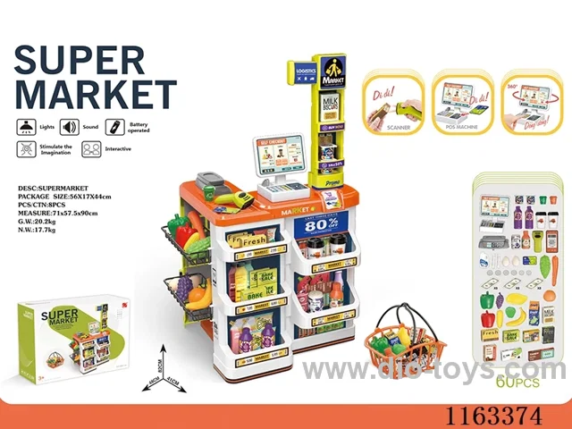 Luxury supermarket set + live scanner, cash register (2*AAA+2*AA not included) with shopping basket