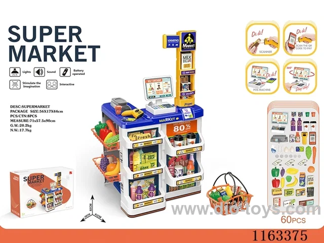 Luxury supermarket set + live scanner, cash register (2*AAA+2*AA not included) with shopping basket
