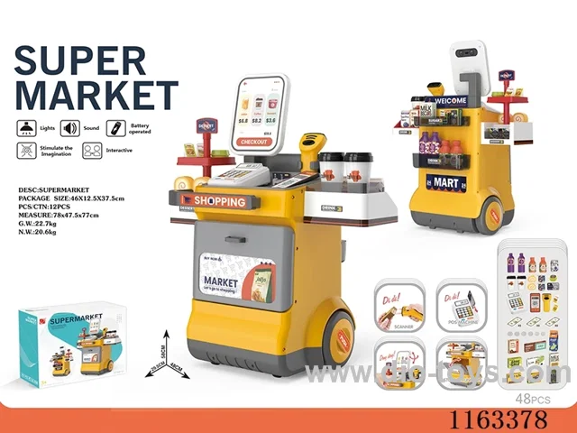 Supermarket shopping desk set + live scanner, card teller brush (2*AAA+2*AA not included)