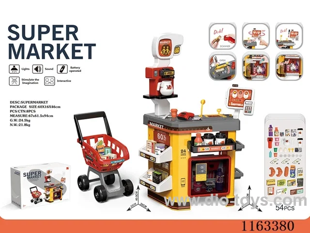 Luxury supermarket set + shopping cart + live scanner, cashier card reader, refrigerator spray (2*AAA+5*AA not included)
