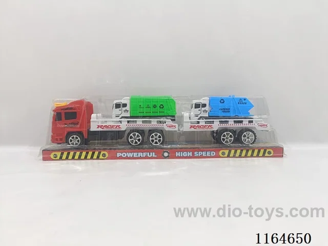 Inertia tractor carrying 2 sanitation trucks