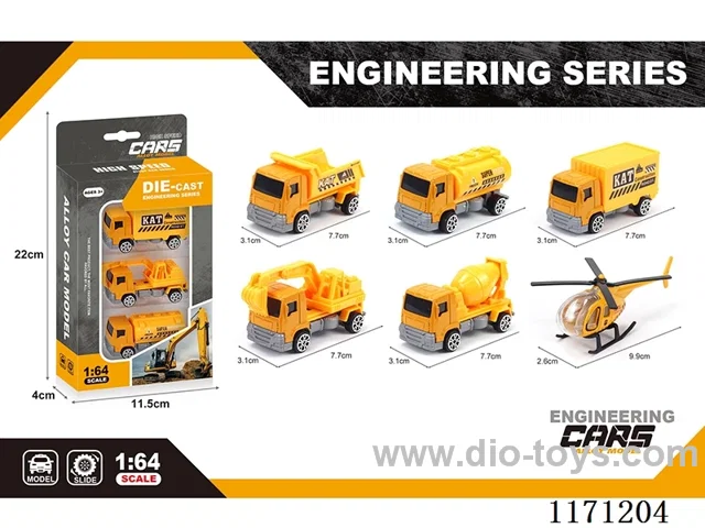 Alloy Skidding Short Head Construction Vehicle 6 Mixed (3pcs/box)