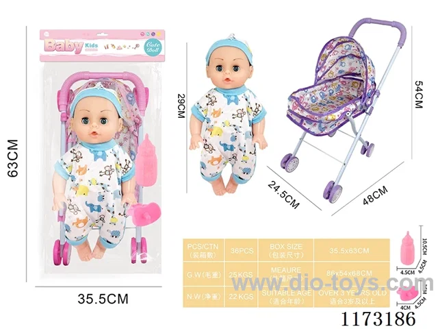 29CM iron trolley with: Baby doll with 4 sound IC Accessories: bottle + pacifier (3*AG13 included)