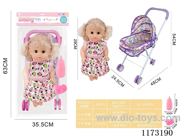 29CM iron trolley with: Baby doll with 4 sound IC Accessories: bottle + pacifier (3*AG13 included)