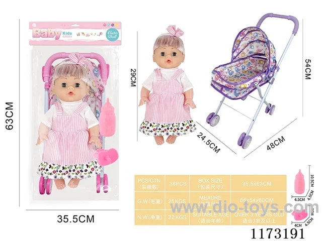 29CM iron trolley with: Baby doll with 4 sound IC Accessories: bottle + pacifier (3*AG13 included)