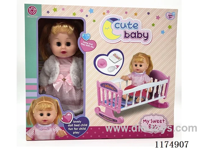 14 inch doll with eyes, drinking and peeing function, with 6 sound IC, bed, accessories, included 3*AG13 batteries