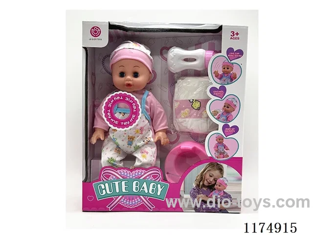 14 inch doll with eyes, drinking and urinating function, with 6 sound ICs, accessories, included 3*AG13 batteries