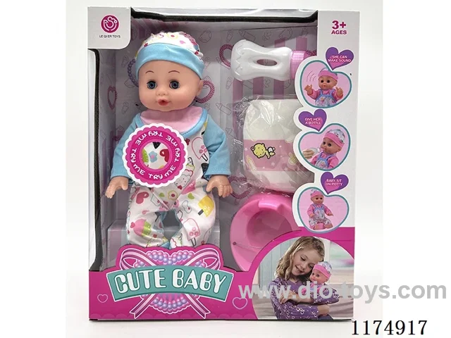 14 inch doll with eyes, drinking and peeing function, with 6 voice IC, accessories, included 3*AG13 batteries
