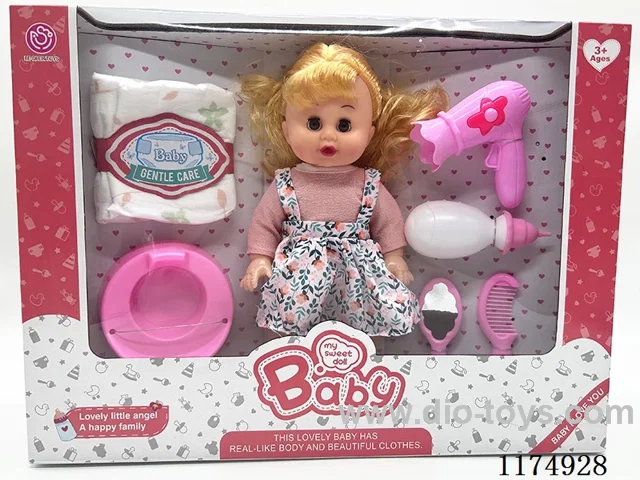 14 inch doll with eyes, drinking and urinating function, with 6 voices IC, accessories, included 3*AG13 batteries