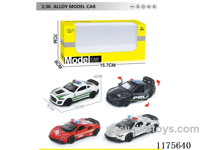 1:36 Alloy Pull Back Police Car with Open Door 4 Colors 4 Mixed (W L/M, included 3*AG13)