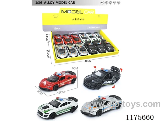 1:36-12PCS Alloy Pull Back Police Car Can Open Door 4 Colors 4 Models Mixed (W L/M, included 3*AG13)