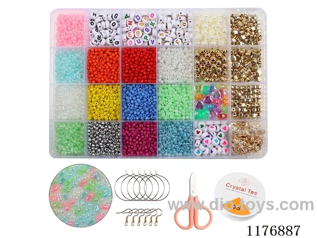 DIY Jewelry Set(Letter bead + color bead + 3cm bead + peanut bead + pearl gold bead + separation bead + lobster buckle buckle scissors thread ear hook ear ring (24 boxes))