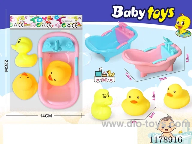 Small bath tub enameled 8 ducks 2 + bottle duck 4-piece set