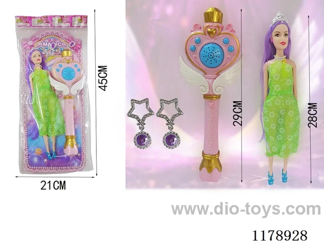 11 inch solid Barbie + musical magic wand + earrings