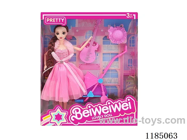 11.5” 11 joints 28cm 3D eye barbie plus guitar + stroller + hat Mixed bag