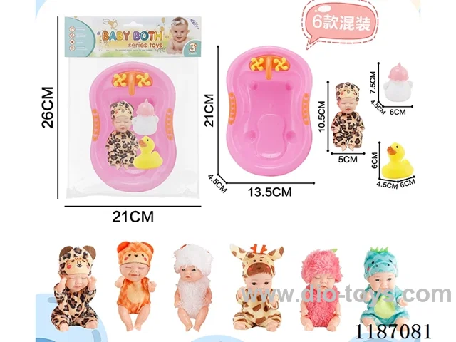 Six four-and-a-half-inch dolls with three accessories