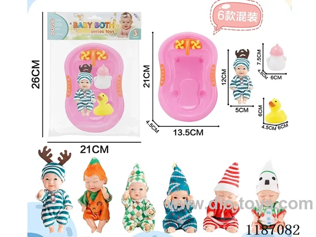 Six four-and-a-half-inch dolls with three accessories
